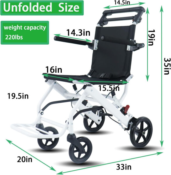 (only 15lb) Super Lightweight Transport Wheelchair. Easy to Travel, Locking Hand Brakes, User-Friendly, Folding, Portable. for Adults or Child (up to 220lbs) …