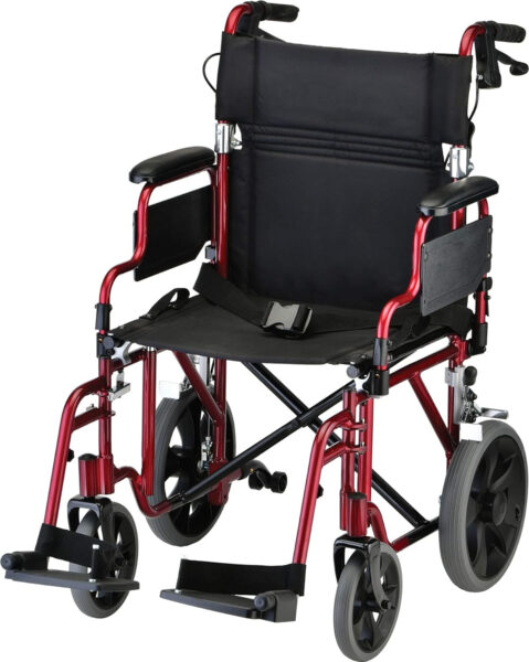 NOVA Lightweight Transport Chair with Locking Hand Brakes, 12″ Rear Wheels, Removable & Flip Up Arms for Easy Transfer, Anti-Tippers Included, Color Red