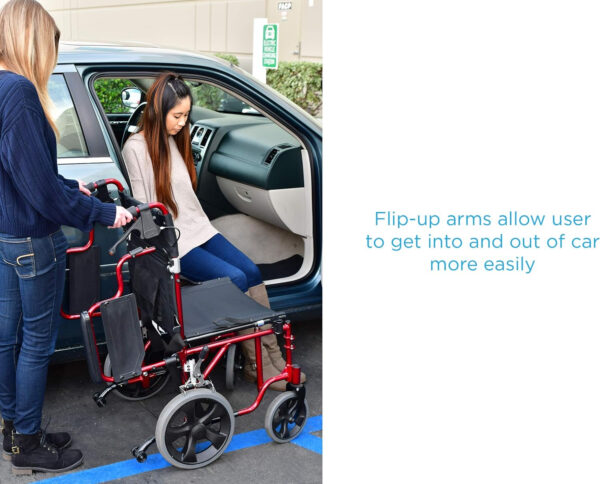 NOVA Lightweight Transport Chair with Locking Hand Brakes, 12″ Rear Wheels, Removable & Flip Up Arms for Easy Transfer, Anti-Tippers Included, Color Red