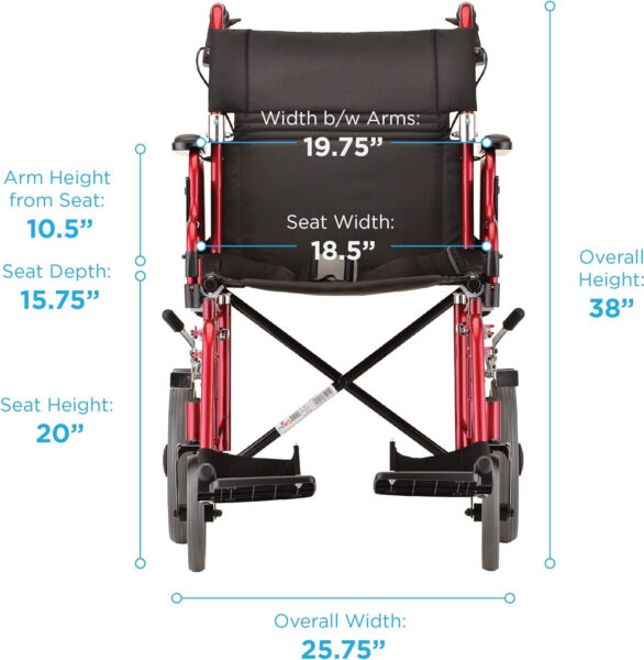 NOVA Lightweight Transport Chair with Locking Hand Brakes, 12″ Rear Wheels, Removable & Flip Up Arms for Easy Transfer, Anti-Tippers Included, Color Red