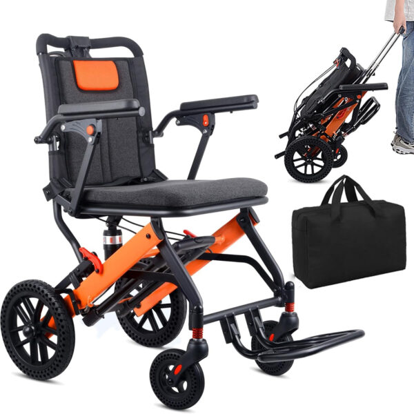 Upgraded Transport Wheelchair, Come with Telescopic Handle and Three Bags, Wheelchairs for Adults, Lightweight Transport Wheelchair, with Safety Belt