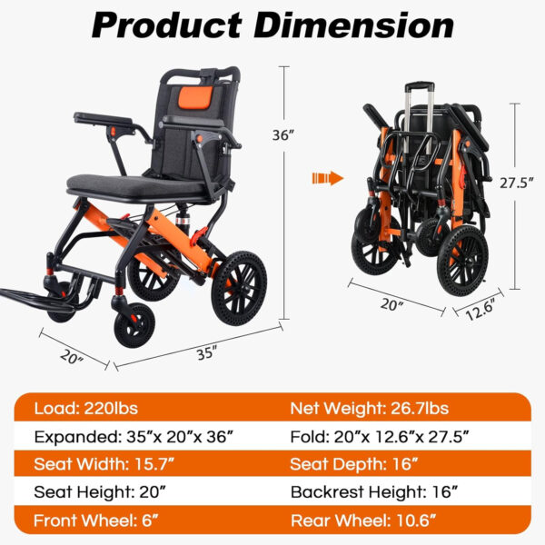 Upgraded Transport Wheelchair, Come with Telescopic Handle and Three Bags, Wheelchairs for Adults, Lightweight Transport Wheelchair, with Safety Belt