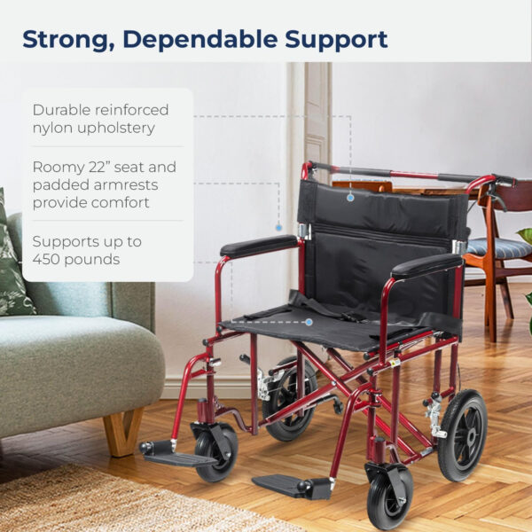 Drive Medical Bariatric Transport Chair FoldingOutdoorFull Length Arms with 12 Inches Rear Flat Free Wheels, Red, 22 Inches