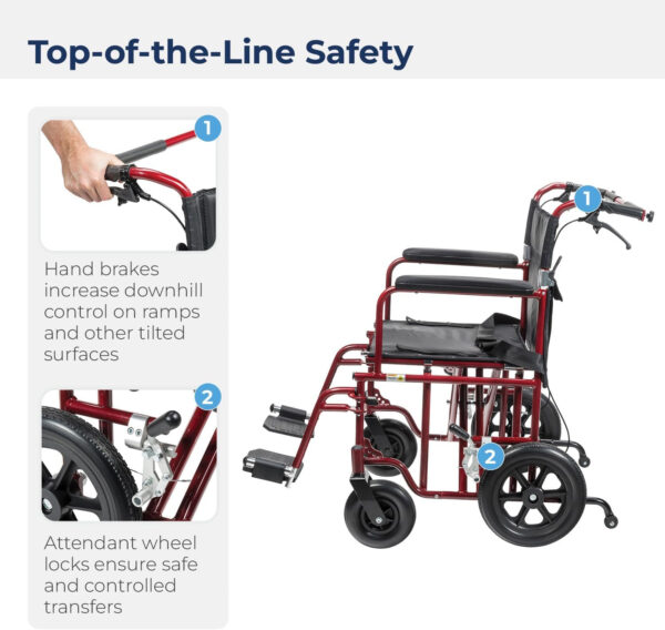 Drive Medical Bariatric Transport Chair FoldingOutdoorFull Length Arms with 12 Inches Rear Flat Free Wheels, Red, 22 Inches