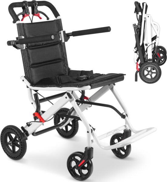 Ultra-Lightweight Portable Transport Wheelchair Foldable Travel Wheelchair Lightweight Foldable with Handbrake for Adults and Seniors（White）