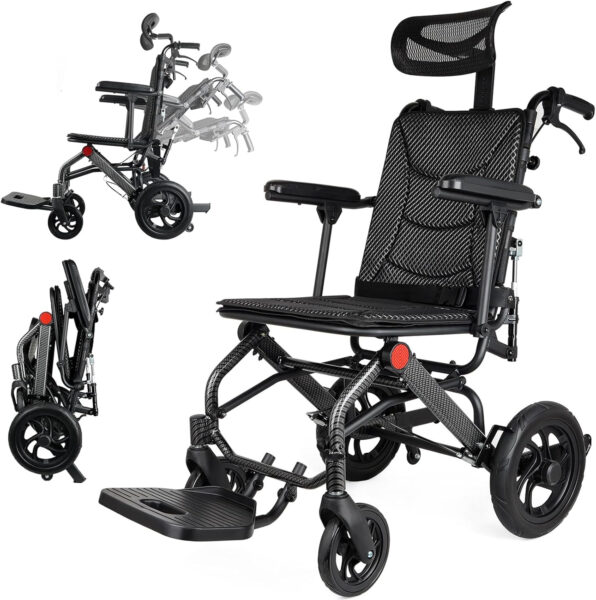 Super Lightweight Reclining Travel Wheelchair, Folding Transit Transport Wheelchairs for Adults and Seniors Support 220lbs, Lightweight Aluminum Wheelchair for Elderly