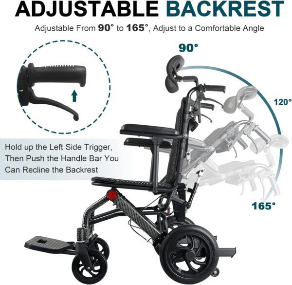 Super Lightweight Reclining Travel Wheelchair, Folding Transit Transport Wheelchairs for Adults and Seniors Support 220lbs, Lightweight Aluminum Wheelchair for Elderly