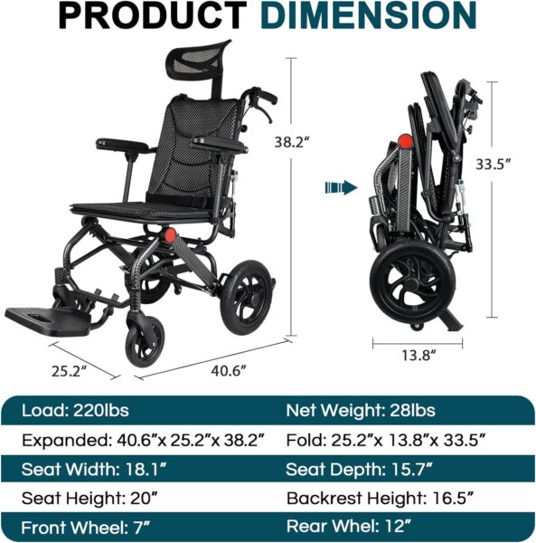 Super Lightweight Reclining Travel Wheelchair, Folding Transit Transport Wheelchairs for Adults and Seniors Support 220lbs, Lightweight Aluminum Wheelchair for Elderly