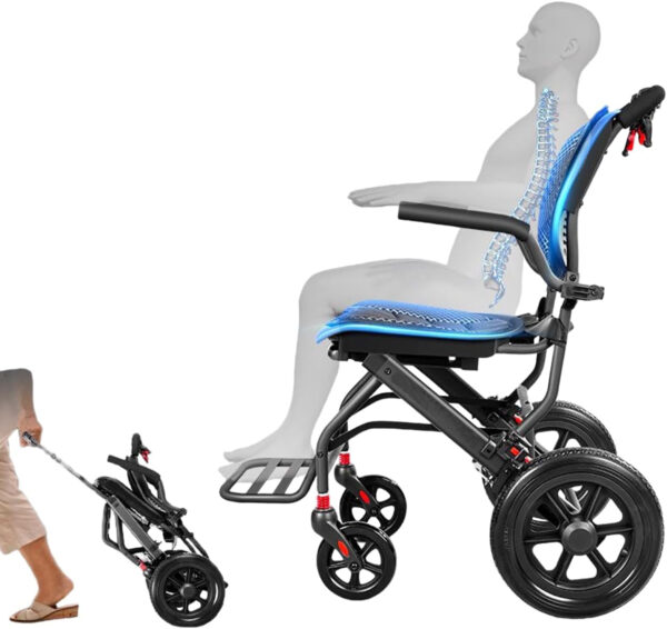 Ultra Lightweight Transport Wheelchair Foldable, Portable Travel Wheelchair for Adults Senior, with Ergonomics Comfortable Seat Cushion, Telescopic Handle for Travel