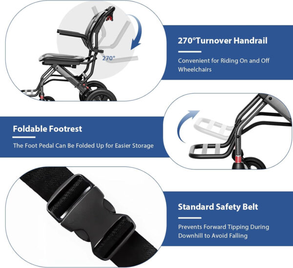 Ultra Lightweight Transport Wheelchair Foldable, Portable Travel Wheelchair for Adults Senior, with Ergonomics Comfortable Seat Cushion, Telescopic Handle for Travel