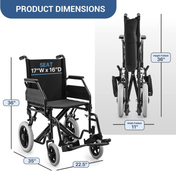 monicare Folding Transport Wheelchair, Heavy-Duty Wheel Chair with Flip-Back Armrest and Swing-Away Footrest, 17 Inch Wide Seat Transport Chair for Adults Seniors, 300Lbs Capacity, Black