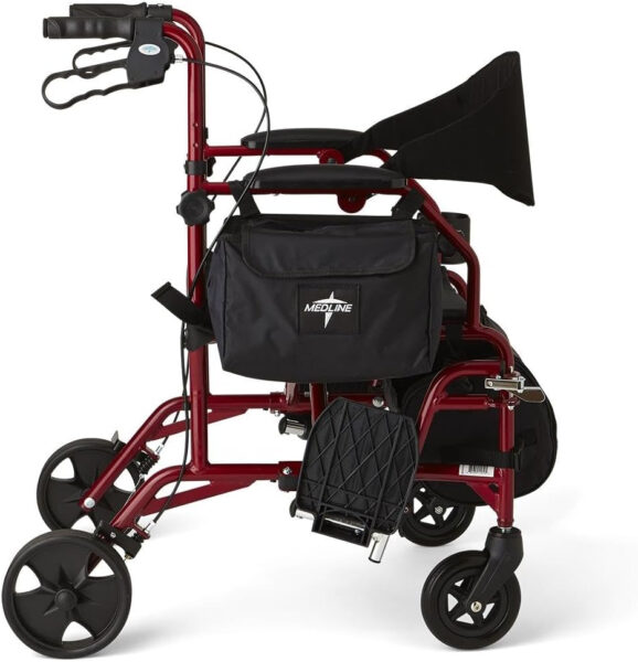 Medline Red Combination Rollator and Transport Chair, Desk-Length Arms, Swing Away Footrests, Red Frame