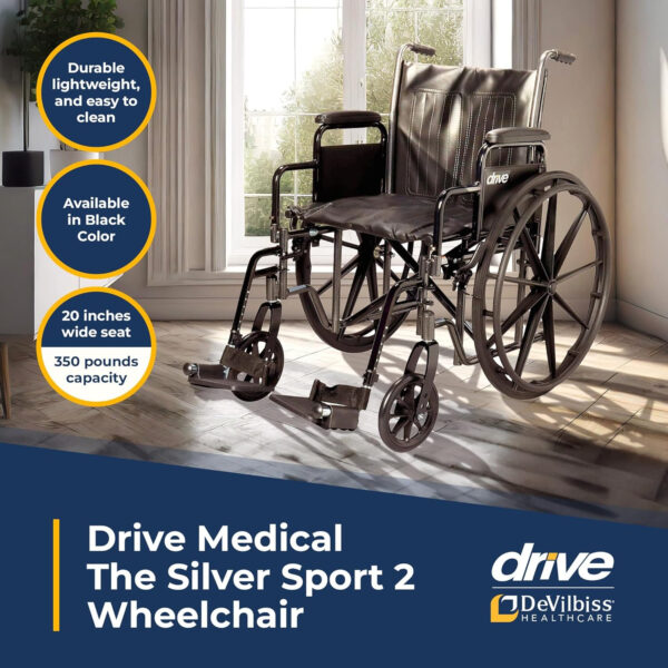 Drive Medical SSP220DDA-SF Silver Sport 2 Lightweight Folding Wheelchair, Black