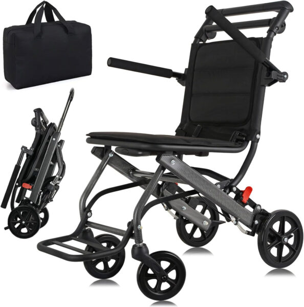 Ultra-Light Transport Wheelchair (only 15lb), Folding Portable Wheelchair with Hand Brake, Trolleys for Elderly Aircraft Travel, Wheelchairs for Adults (with Bag) (with Telescopic Handle)