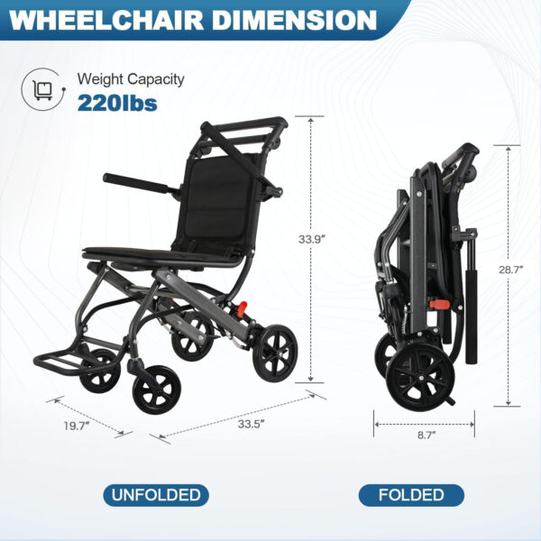 Ultra-Light Transport Wheelchair (only 15lb), Folding Portable Wheelchair with Hand Brake, Trolleys for Elderly Aircraft Travel, Wheelchairs for Adults (with Bag) (with Telescopic Handle)