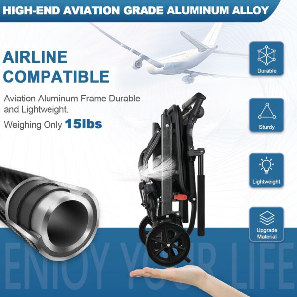 Ultra-Light Transport Wheelchair (only 15lb), Folding Portable Wheelchair with Hand Brake, Trolleys for Elderly Aircraft Travel, Wheelchairs for Adults (with Bag) (with Telescopic Handle)