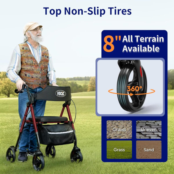 Walkers for Seniors, Z21 Rollator Walker with Seat Supports 350lb, 8″ Big Wheels for All Terrain, Ergonomic Arc Seat & 6″ Ultra Backrest Foldable Walker, Dual Height Adjustment, Lightweight 2025