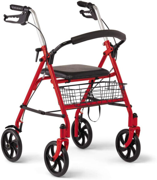 Medline Steel Rollator Walker with Seat, red, 300 lb. Weight Capacity, 8” Wheels, Foldable, Adjustable Handles, Rollator Walker for Seniors, Rolling Walker for Mobility Impairment