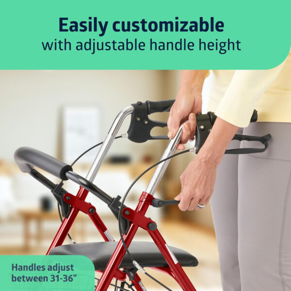Medline Steel Rollator Walker with Seat, red, 300 lb. Weight Capacity, 8” Wheels, Foldable, Adjustable Handles, Rollator Walker for Seniors, Rolling Walker for Mobility Impairment