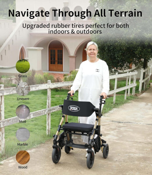 Walkers for Seniors, Rollator Walker with Seat, Transport Wheelchair Lightweight Foldable, Adult Rolling Walker, Rollator Transport Chair with Brakes, 2 in 1 Walker Wheelchair Combo Z51-2024 New