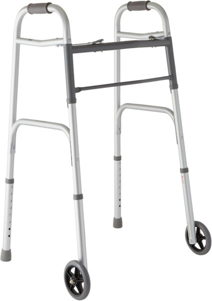 Medline Lightweight Two Button Folding Walker with 5″ Wheels, Aluminum Frame Supports up to 300 lbs