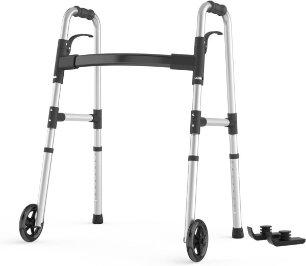 Walkers for Seniors, FSA/HSA Eligible Folding Walker with Ski Glides 5” Front Wheel Medical Lightweight Walker Height Adjustable Aluminum Standard Walker for Handicap and Adults (Silver)