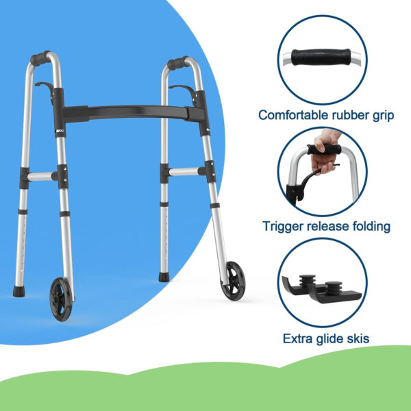 Walkers for Seniors, FSA/HSA Eligible Folding Walker with Ski Glides 5” Front Wheel Medical Lightweight Walker Height Adjustable Aluminum Standard Walker for Handicap and Adults (Silver)