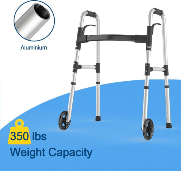 Walkers for Seniors, FSA/HSA Eligible Folding Walker with Ski Glides 5” Front Wheel Medical Lightweight Walker Height Adjustable Aluminum Standard Walker for Handicap and Adults (Silver)