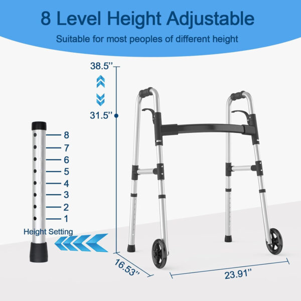 Walkers for Seniors, FSA/HSA Eligible Folding Walker with Ski Glides 5” Front Wheel Medical Lightweight Walker Height Adjustable Aluminum Standard Walker for Handicap and Adults (Silver)