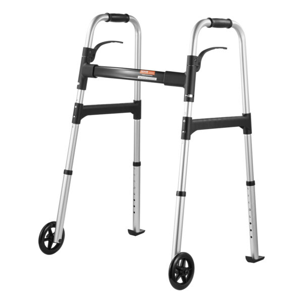 VEVOR Folding Walker, 2-Button Folding Walkers with 5″ Solid Wheels and Adjustable Height, Lightweight Aluminum Mobility Walker, Front Wheeled Rolling Walkers for Seniors and Adults, Up to 350 Pounds