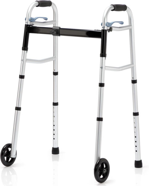 OasisSpace Compact Folding Walkers, Lightweight Walkers for Seniors Adults Elderly, Rolling Front Wheels Walker, Standard Walking Assist Narrow Walker for Small Spaces Up to 300lbs