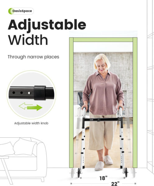 OasisSpace Compact Folding Walkers, Lightweight Walkers for Seniors Adults Elderly, Rolling Front Wheels Walker, Standard Walking Assist Narrow Walker for Small Spaces Up to 300lbs