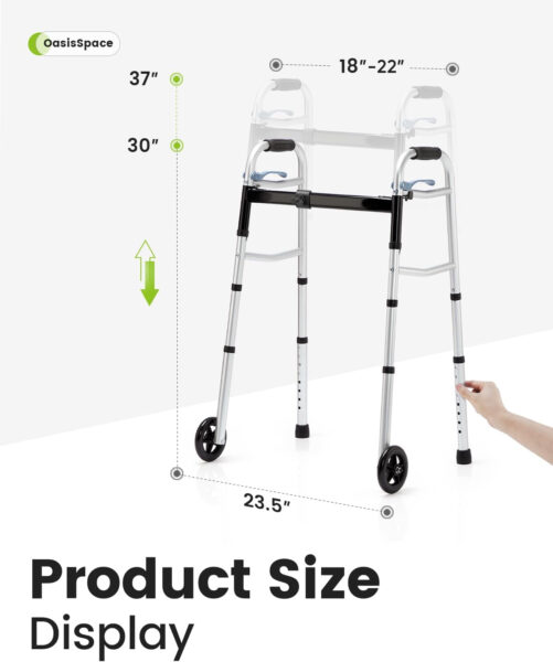 OasisSpace Compact Folding Walkers, Lightweight Walkers for Seniors Adults Elderly, Rolling Front Wheels Walker, Standard Walking Assist Narrow Walker for Small Spaces Up to 300lbs