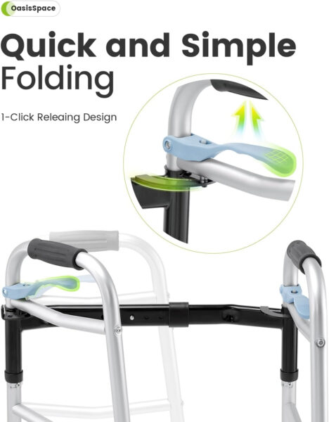 OasisSpace Compact Folding Walkers, Lightweight Walkers for Seniors Adults Elderly, Rolling Front Wheels Walker, Standard Walking Assist Narrow Walker for Small Spaces Up to 300lbs