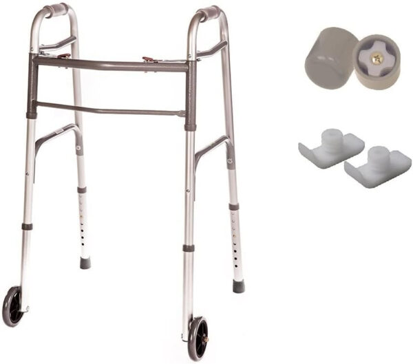 Walker Folding Deluxe 2 Button with Front 5″ Wheels and Additional 2 Pair Free Rear Glides for, Adjustable Height (Short, Standard, Tall People) by Healthline Trading