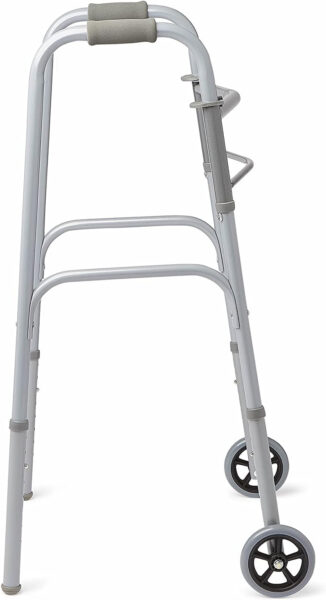 Walker Folding Deluxe 2 Button with Front 5″ Wheels and Additional 2 Pair Free Rear Glides for, Adjustable Height (Short, Standard, Tall People) by Healthline Trading