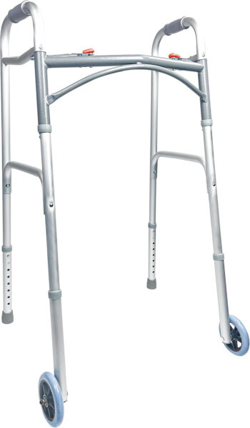 2 Button Folding Walker with Wheels, Folding Rolling Walker with 5″ Front Wheel, Lightweight Walkers for Seniors and Adults Weighing Up to 350 Pounds, Adjustable Height, Silver