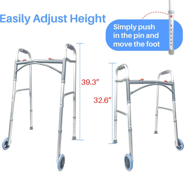 2 Button Folding Walker with Wheels, Folding Rolling Walker with 5″ Front Wheel, Lightweight Walkers for Seniors and Adults Weighing Up to 350 Pounds, Adjustable Height, Silver