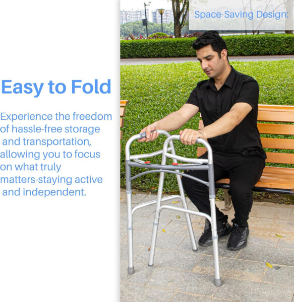 2 Button Folding Walker with Wheels, Folding Rolling Walker with 5″ Front Wheel, Lightweight Walkers for Seniors and Adults Weighing Up to 350 Pounds, Adjustable Height, Silver
