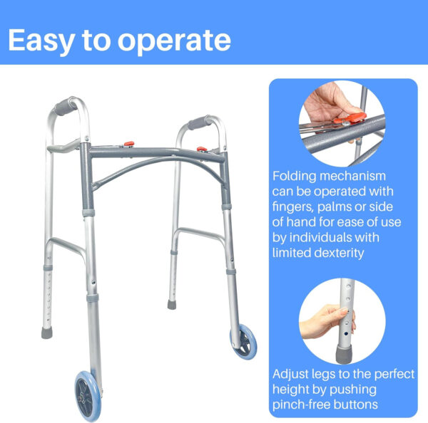 2 Button Folding Walker with Wheels, Folding Rolling Walker with 5″ Front Wheel, Lightweight Walkers for Seniors and Adults Weighing Up to 350 Pounds, Adjustable Height, Silver