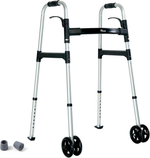 Folding Walker With 5 Inches Wheels for Seniors – Supports up to 500 lbs, FSA/HSA Eligible (Silver)