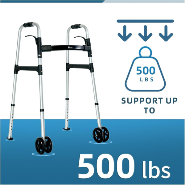 Folding Walker With 5 Inches Wheels for Seniors – Supports up to 500 lbs, FSA/HSA Eligible (Silver)
