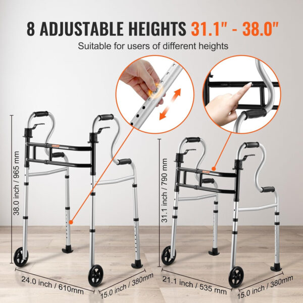 VEVOR Folding Walker on Wheels, 3-in-1 Stand-Assist Folding Walkers with Adjustable Height and Width, Lightweight Aluminum | Front Wheeled Mobility Aid for Elderly Handicapped Disabled, Up to 350LBS