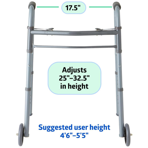 Medline Lightweight Junior/Lower Height Folding Walker with 5” Wheels ( Pack of 4)
