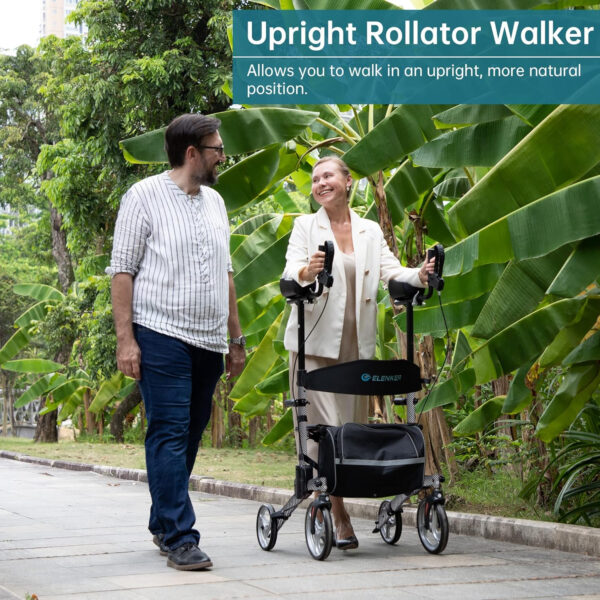 ELENKER Upright Walker, Stand Up Folding Rollator Walker with 10” Front Wheels Backrest Seat and Padded Armrest for Seniors(Carbon Fiber Black)