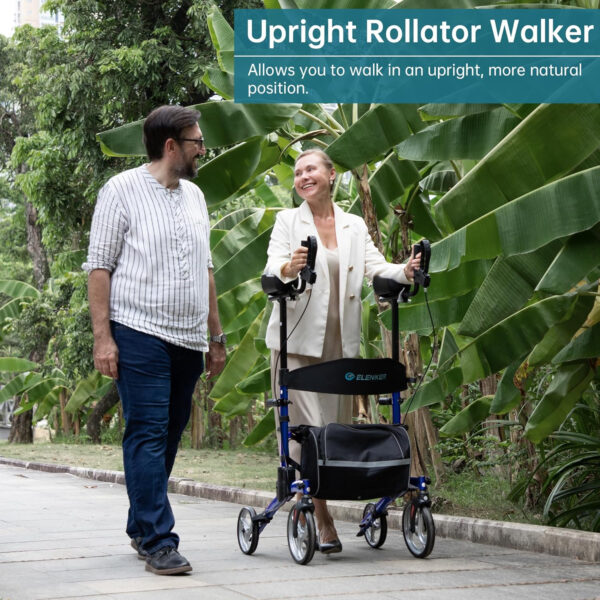 ELENKER Upright Walker, Stand Up Folding Rollator Walker with 10” Front Wheels Backrest Seat and Padded Armrests for Seniors and Adults, Blue