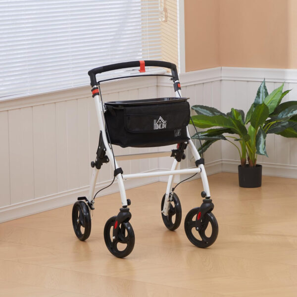 HOMCOM Upright Walker for Seniors for Tall Men, Rollator Walker Stand Up Walking Aid with Storage Bag, Tray, Dual Brakes, Adjustable Handle Height, White