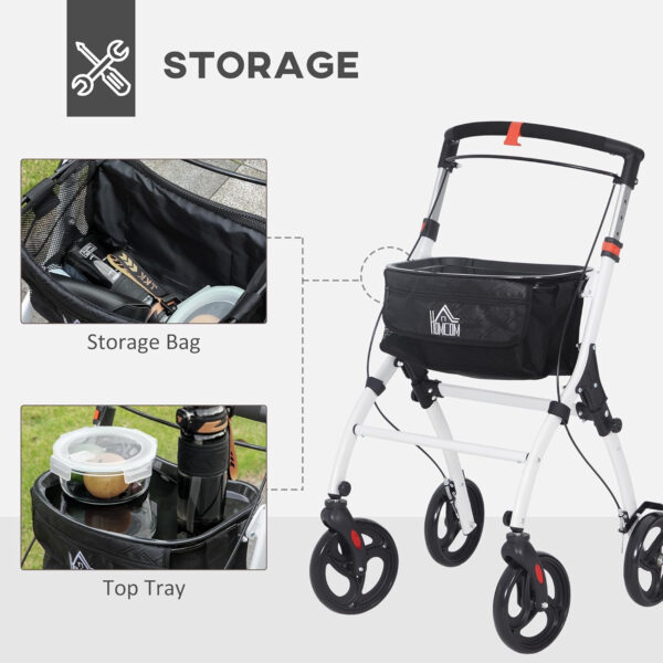 HOMCOM Upright Walker for Seniors for Tall Men, Rollator Walker Stand Up Walking Aid with Storage Bag, Tray, Dual Brakes, Adjustable Handle Height, White