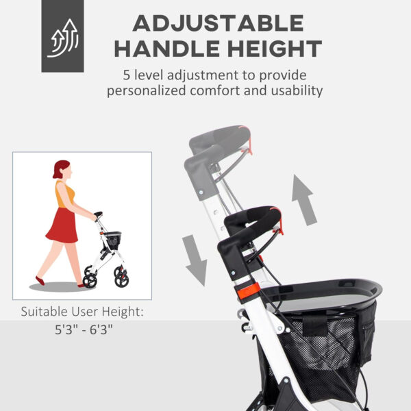 HOMCOM Upright Walker for Seniors for Tall Men, Rollator Walker Stand Up Walking Aid with Storage Bag, Tray, Dual Brakes, Adjustable Handle Height, White
