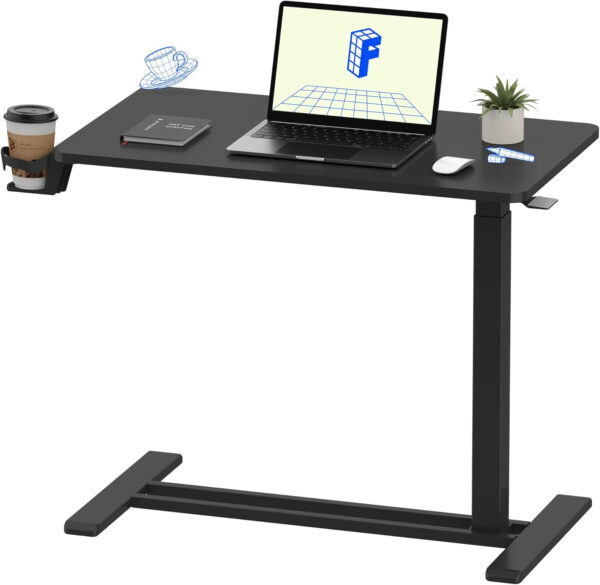 FLEXISPOT H7 Adjustable Overbed Bedside Table with Wheels Pneumatic Mobile Standing Desk Laptop Desk Rolling Computer Cart Movable Overbed Table Hospital Home Use(31.5″ W x 17.7″ D, Black Large)